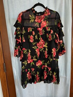 Forever 21 Black Floral Ruffle Dress with Red & Green Accents